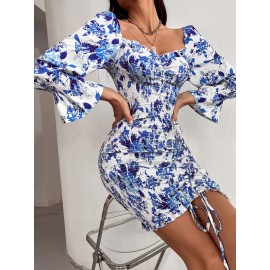 Allover Floral Print Shirred Drawstring Ruched Sweetheart Neck Dress