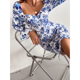 Allover Floral Print Shirred Drawstring Ruched Sweetheart Neck Dress