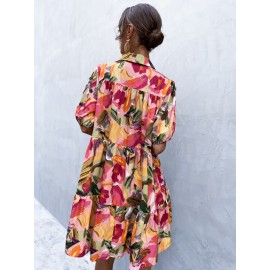Brush Print Puff Sleeve Smock Dress