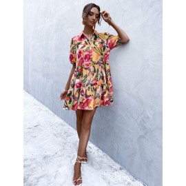 Brush Print Puff Sleeve Smock Dress