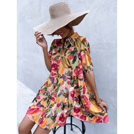 Brush Print Puff Sleeve Smock Dress