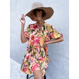 Brush Print Puff Sleeve Smock Dress