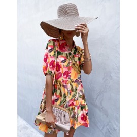 Brush Print Puff Sleeve Smock Dress