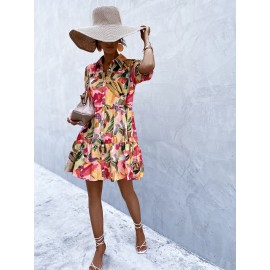 Brush Print Puff Sleeve Smock Dress