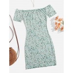 Floral Print Off Shoulder Lettuce Edge Dress