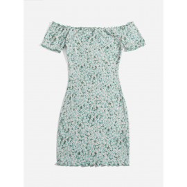 Floral Print Off Shoulder Lettuce Edge Dress