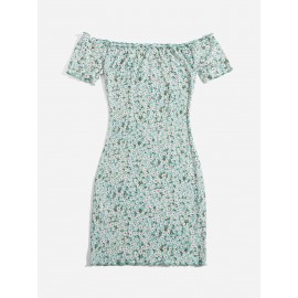 Floral Print Off Shoulder Lettuce Edge Dress