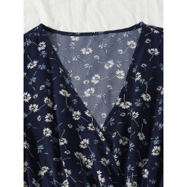 Floral Print Frill Trim Wrap Dress
