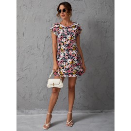 Floral Print Batwing Sleeve Tunic Dress