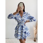 Floral Print Shirred Waist Layered Hem Dress