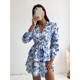 Floral Print Shirred Waist Layered Hem Dress
