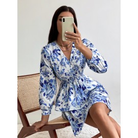 Floral Print Shirred Waist Layered Hem Dress