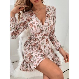 Allover Floral Print Belted Ruffle Trim Wrap Hem Dress