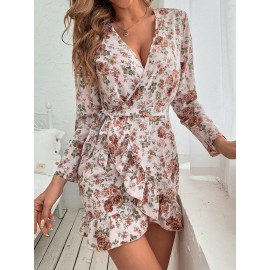 Allover Floral Print Belted Ruffle Trim Wrap Hem Dress
