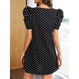 Polka Dot Scallop Trim Puff Sleeve Tunic Dress