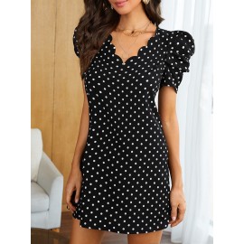 Polka Dot Scallop Trim Puff Sleeve Tunic Dress