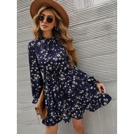 Floral Print Tie Front Flounce Sleeve Ruffle Hem Dress
