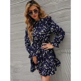 Floral Print Tie Front Flounce Sleeve Ruffle Hem Dress