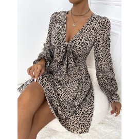Leopard Knot Front Shirred Flounce Sleeve Ruffle Hem Dress