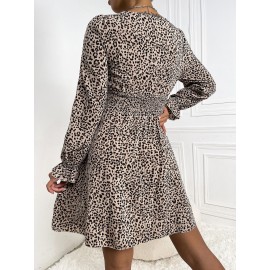 Leopard Knot Front Shirred Flounce Sleeve Ruffle Hem Dress
