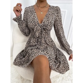 Leopard Knot Front Shirred Flounce Sleeve Ruffle Hem Dress