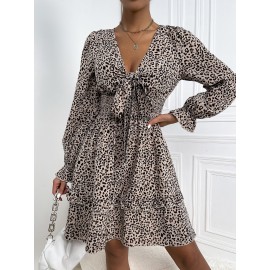 Leopard Knot Front Shirred Flounce Sleeve Ruffle Hem Dress
