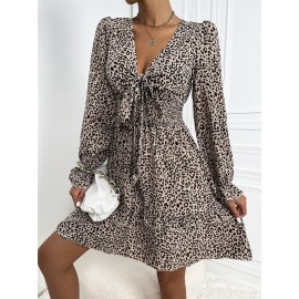 Leopard Knot Front Shirred Flounce Sleeve Ruffle Hem Dress
