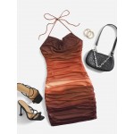 Ombre Backless Tie Back Drape?Neck Ruched Mesh Bodycon Dress