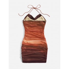 Ombre Backless Tie Back Drape?Neck Ruched Mesh Bodycon Dress