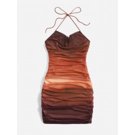 Ombre Backless Tie Back Drape?Neck Ruched Mesh Bodycon Dress