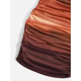 Ombre Backless Tie Back Drape?Neck Ruched Mesh Bodycon Dress