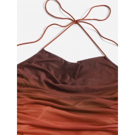 Ombre Backless Tie Back Drape?Neck Ruched Mesh Bodycon Dress
