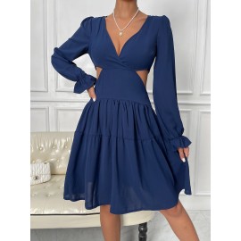 Cut Out Flounce Sleeve Ruffle Hem Dress