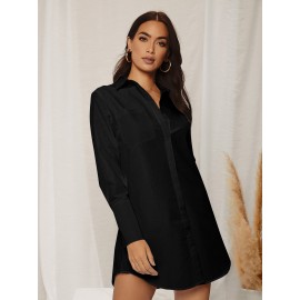 Pocket Front Curved Hem Shirt Dress