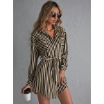 Striped Double Pocket Drop Shoulder Belted Shirt Dress