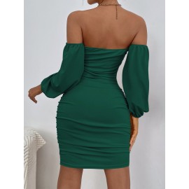 Ruched Off Shoulder Lantern Sleeve Bodycon Dress