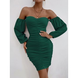 Ruched Off Shoulder Lantern Sleeve Bodycon Dress
