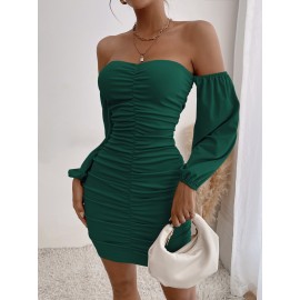 Ruched Off Shoulder Lantern Sleeve Bodycon Dress
