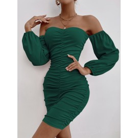 Ruched Off Shoulder Lantern Sleeve Bodycon Dress