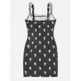 Allover Skull Print Ruched Bust  Bodycon Dress