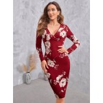 Floral Print Overlap Collar Bodycon Dress
