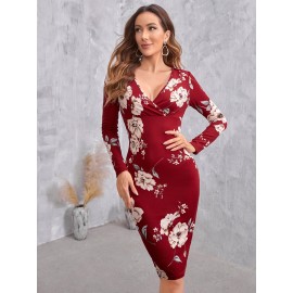 Floral Print Overlap Collar Bodycon Dress