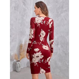 Floral Print Overlap Collar Bodycon Dress