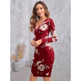 Floral Print Overlap Collar Bodycon Dress