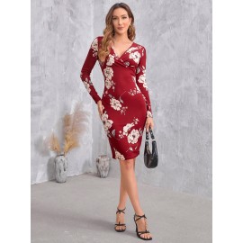 Floral Print Overlap Collar Bodycon Dress