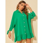 Knot Cuff Ruffle Hem Smock Dress