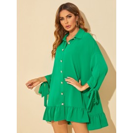 Knot Cuff Ruffle Hem Smock Dress