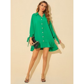 Knot Cuff Ruffle Hem Smock Dress