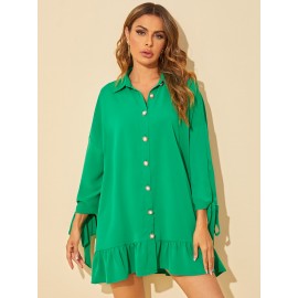 Knot Cuff Ruffle Hem Smock Dress