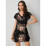 Floral Print Lace Trim Batwing Sleeve Tunic Dress